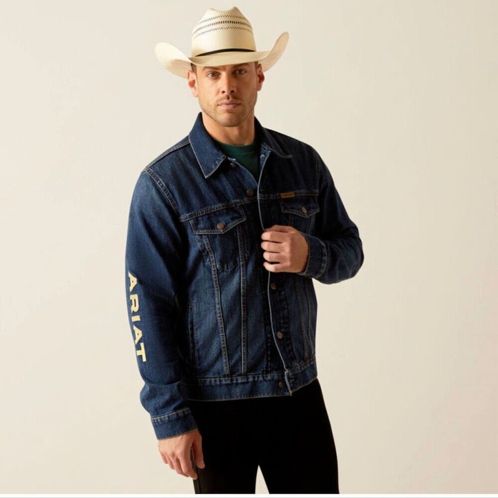 ARIAT Richford Denim Team Trucker Jacket Logo Western Mens Small NEW